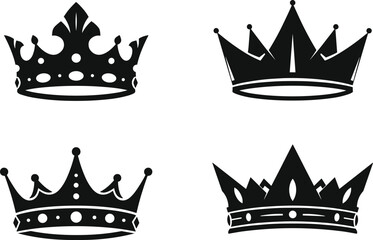 Royal crown icon set featuring minimalist black silhouettes of various majestic coronets for heraldry luxury branding and awards