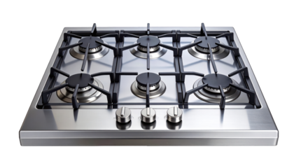 Shiny stainless steel cooktop with six burners, grates, and three control knobs