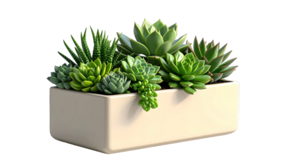 Arrangement of assorted succulents in a rectangular ceramic planter, isolated on black
