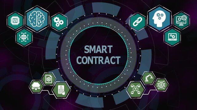 Smart contract technology concept with circular interface and blockchain icons representing automated agreements, security, and decentralized execution.