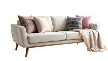 Cream-colored mid-century modern sofa with pillows and a blanket draped across