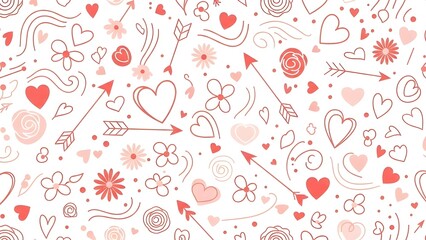 Fototapeta premium Seamless Valentine Love Pattern with Hearts and Romantic Icons
