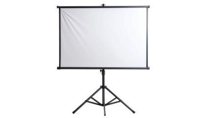 A blank white projector screen on a tripod, front facing, against a black background