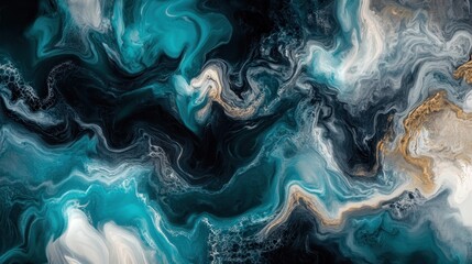 Fototapeta premium Swirling teal and gold abstract fluid art painting