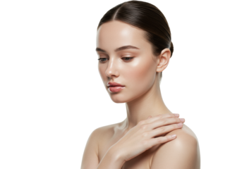 Young caucasian woman with sleek dark brunette hair in a low bun, glowing porcelain skin, nude-pink glossy lips, hand on shoulder, soft diffused lighting against a transparent studio background,