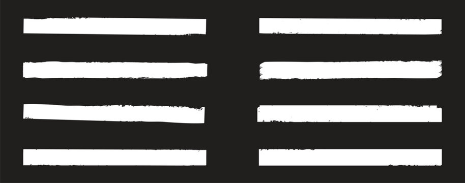 White highlighter bold horizontal lines set. Trendy brush stroke for White ink paint, grunge backdrop, dirt banner, watercolor design and dirty texture on black background. Vector illustration.