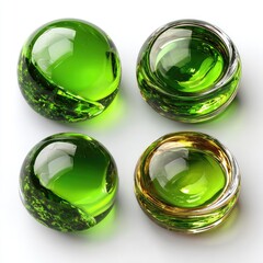 Four green glass orbs, semi-spherical, with light reflections