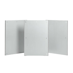 Three white rectangular panels slightly angled, mounted against a black backdrop
