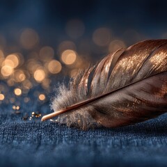Feather in warm light on dark texture with bokeh background