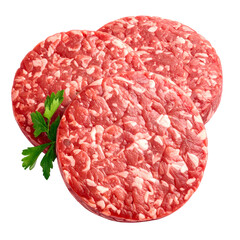 Three raw, circular patties of ground meat, arranged with green garnish on a black background