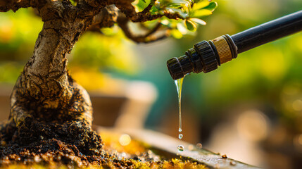 A drip irrigation system waters bonsai trees with a close-up of a drop falling onto soil. The sunlight enhances the details of the bonsai trunk and hose