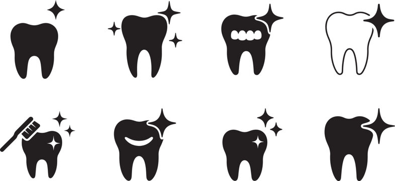 Teeth with sparkle icon set for dental care, hygiene, whitening, and clean smile medical concepts.