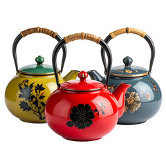 Three colorful, round teapots with bamboo handles and floral designs