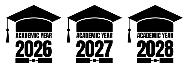 Graduation cap with academic year 2026 2027 2028 badges label text vector illustration