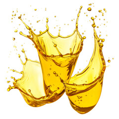 Dynamic splash of golden liquid, showcasing graceful arcs and droplets against a black backdrop