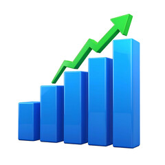 3D blue bars chart ascending, with green upward arrow indicating positive progress