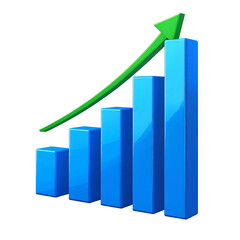 A blue 3D bar chart with an upward green arrow on a black background