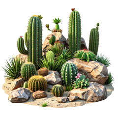 A vibrant desert scene featuring diverse cacti, succulents, and stones in a natural arrangement