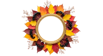 Golden frame with colorful autumn leaves isolated on transparent background