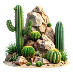 Desert scene with diverse cacti, rocks, and small plants on a sandy ground