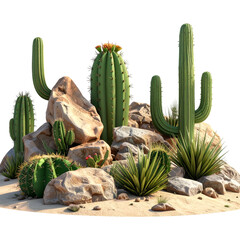 Desert scene with diverse cacti, rocks, and desert plants on sandy ground