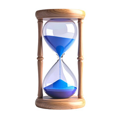Classic wooden hourglass filled with blue sand, isolated on a black background