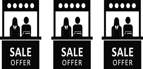 Retail shop window icons with sale offer signage, customer and seller silhouettes, ecommerce promotion and storefront marketing concept illustration