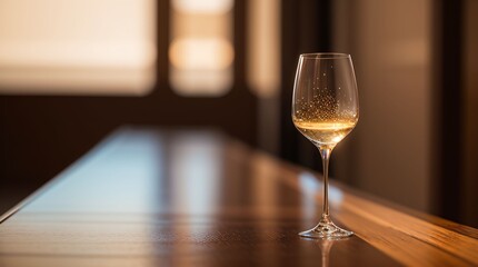 Elegant champagne flute with sparkling wine on wooden table, refined celebration mood