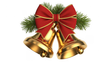 Golden bells with red bow and pine on black pine needles isolated on a transparent background
