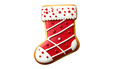 Festive gingerbread cookie shaped like a holiday stocking, with icing and sprinkles