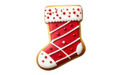 Festive gingerbread cookie shaped like a holiday stocking, with icing and sprinkles