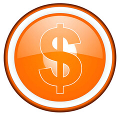 Glossy orange circle icon of dollar sign with white border against a black background
