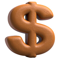 Isolated, 3D-rendered, textured, brown dollar sign with soft highlights and a black background