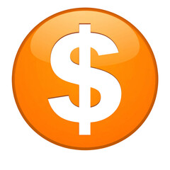 Shiny orange button featuring a prominent white dollar sign, set against a black backdrop