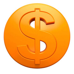A glossy, orange, coin-shaped graphic featuring a prominent dollar sign