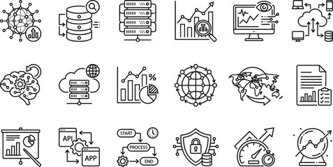 Big data analytics and cloud computing line icons set featuring databases servers cybersecurity networking performance monitoring digital transformation outline vector illustration