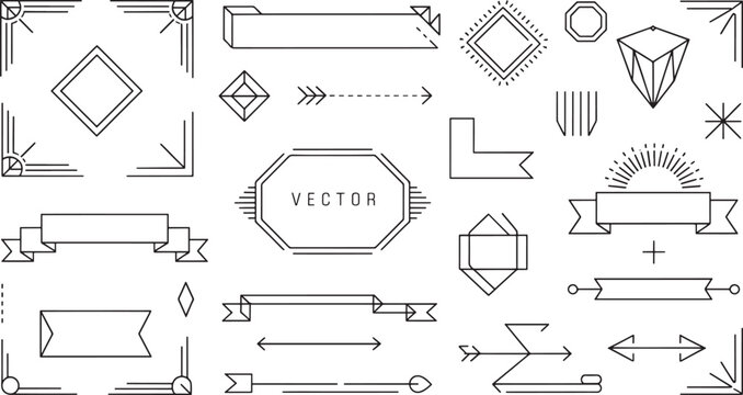 Elegant Black Line Art Deco Frames Banners Corners and Geometric Elements