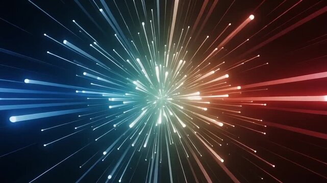 Vibrant light rays emanating from a central point in a dark environment, illustrating dynamic motion and colorful patterns.