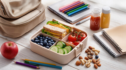 Healthy school lunch box with sandwich and fresh vegetables. Bento box with blueberries, cucumbers, and tomatoes on a wooden table. Back to school concept with backpack and notebooks