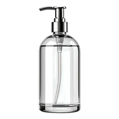 Clear glass bottle with chrome pump, filled with transparent liquid, on black background
