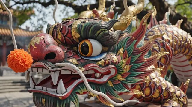 A vibrant close-up of the ornate, multicolored chinese dragon statue head, symbolizing celebration at a traditional temple setting.