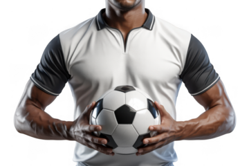 Muscular male soccer player holding football, cropped torso sports concept isolated on black background
