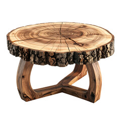 Rustic, natural-edge wood slab coffee table with curved legs, isolated on black background