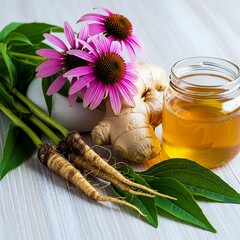 Natural immune boosting herbs and ingredients arranged for wellness, prevention and holistic healthcare concepts.