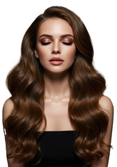 beautiful young caucasian woman, mid-20s, wavy brunette hair, closed eyes, elegant makeup, strapless black top, warm brown studio backdrop, copy space, concept of luxurious serene beauty