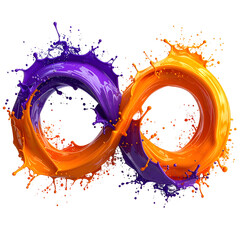 An infinity symbol rendered in vibrant orange and purple liquid, with liquid splashes