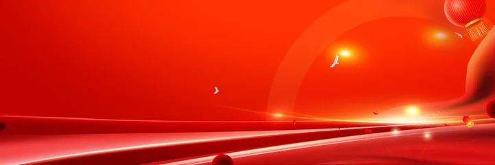 Fotobehang Rood A stunning red road stretches into the distance, lined with vibrant lanterns and soaring birds, evoking a sense of freedom and adventure.  © DH Tree Stock