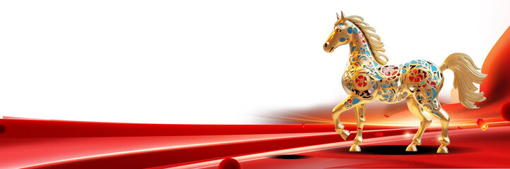 A majestic golden horse with colorful patterns stands proudly on a red carpet, exuding luxury and elegance. © DH Tree Stock