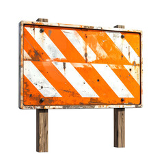 Weathered orange and white striped road barrier, aged wood posts, black backdrop