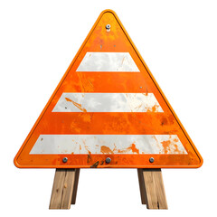 Aged orange and white triangular road sign with weathered texture and wooden supports